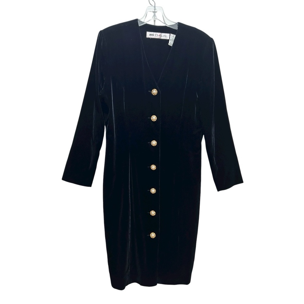 VTG MS Chaus Black Velvet Lined Button-up Midi Dress, Pearl Buttons - Size 10